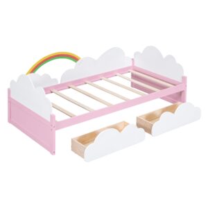 Harper & Bright Designs Twin Size Daybed with 2 Storage Drawers, Wood Kids Twin Bed Frame with Clouds and Rainbow Decor, Twin Storage Bed Frame for Kids Girls Boys, No Spring Box Required, White+Pink