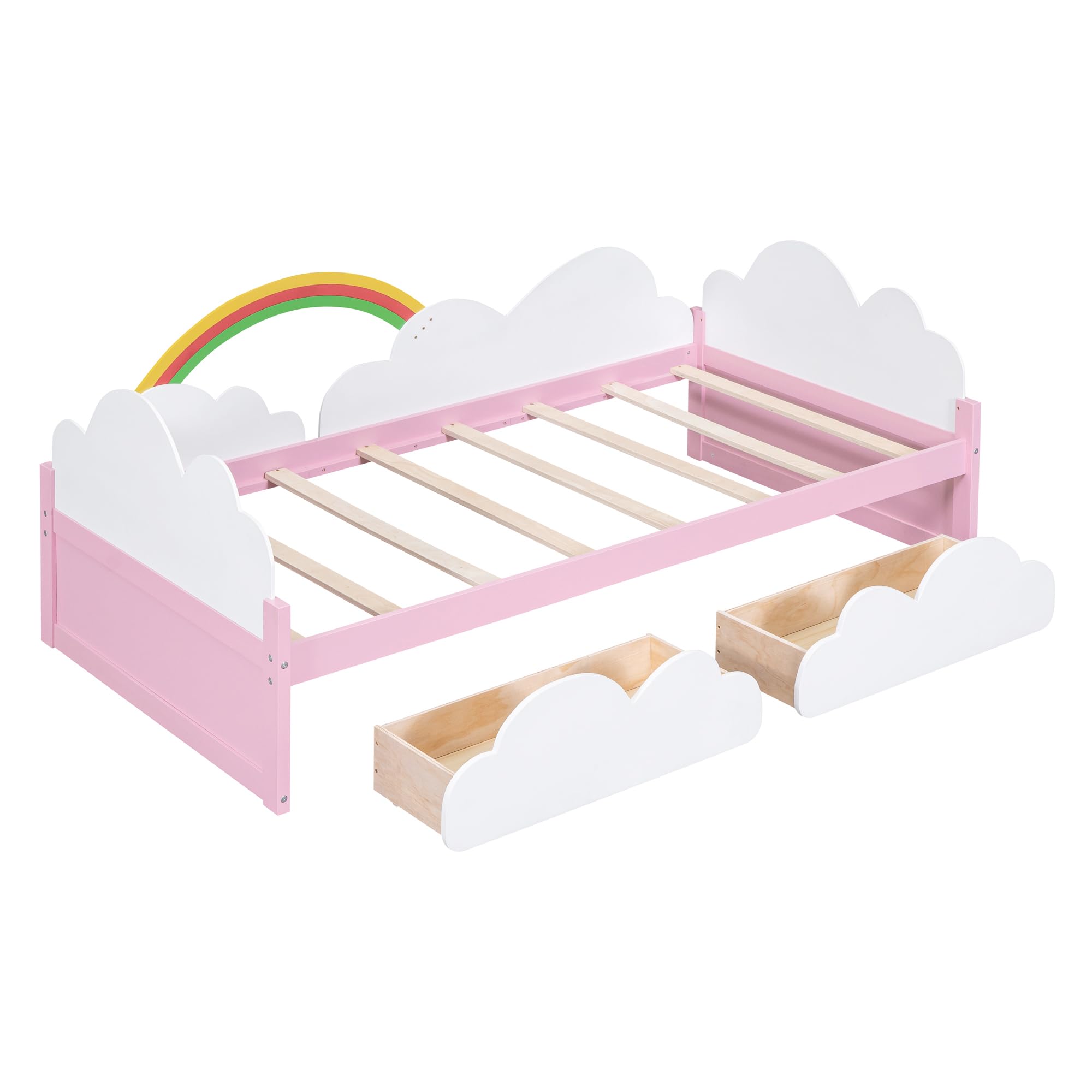 Harper & Bright Designs Twin Size Daybed with 2 Storage Drawers, Wood Kids Twin Bed Frame with Clouds and Rainbow Decor, Twin Storage Bed Frame for Kids Girls Boys, No Spring Box Required, White+Pink