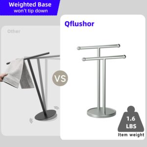 Qflushor 2-Tier Hand Towel Holder Stand with Weighted Base, 16.7" Countertop Towel Holder for Bathroom, Standing Towel Rack Stainless Steel, Double Fingertip Towel Holders, Silver