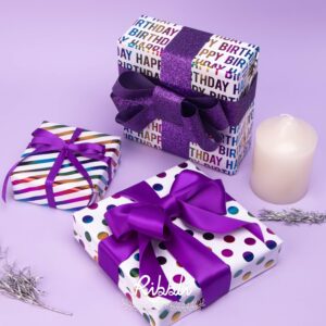 Ribbli Birthday Wrapping Paper Iridescent Gift Wrapping Paper Mini Roll, 3 Rolls Happy Birthday Polka Dots Stripes Printed Assortment - 17 inch x 120 inch(10feet) Per Roll