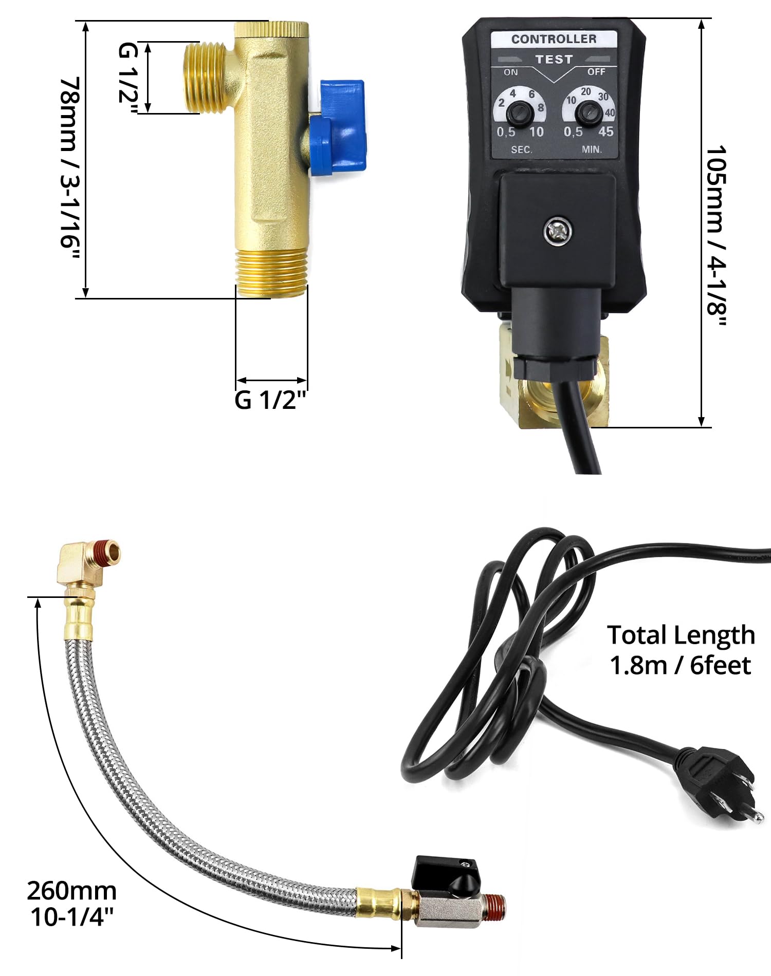 QWORK Automatic Timed Condensate Drain Valve with Steel Hose 1/4 Inch NPT Drain Valve Elbow Fitting, 1/2" Ac110v 2-way Direct-acting Drain Valve US Plug for Compressed Air