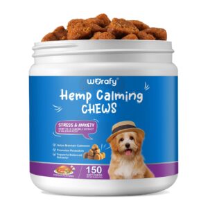 hemp calming chews for dogs, 150 soft dog calming treats, dog calming treats with hemp oil, dog anxiety relief, storms, separation, barking, stress relief for all breeds & sizes - chicken flavored