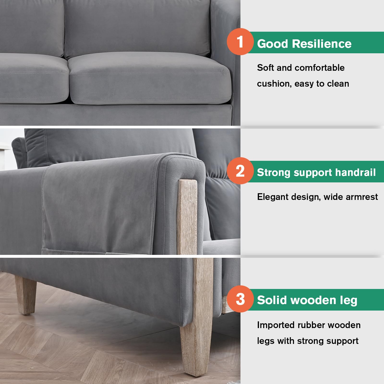 Dvasovio 79.5" Velvet Sofa Couch, Comfortable Solid Wood Frame 3-Seater Sofa, Soft Cushions, Durable and Long-Lasting, Sofa Couch for Living Room (Grey)