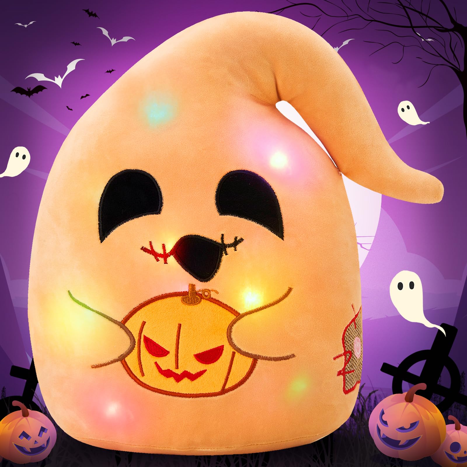 BSTAOFY 12'' Lighted Halloween Ghost Plush Pillow with Light up Pumpkin Lantern LED Halloween Pillows Home Party Decorations Nightmare Before for Toddler Kids