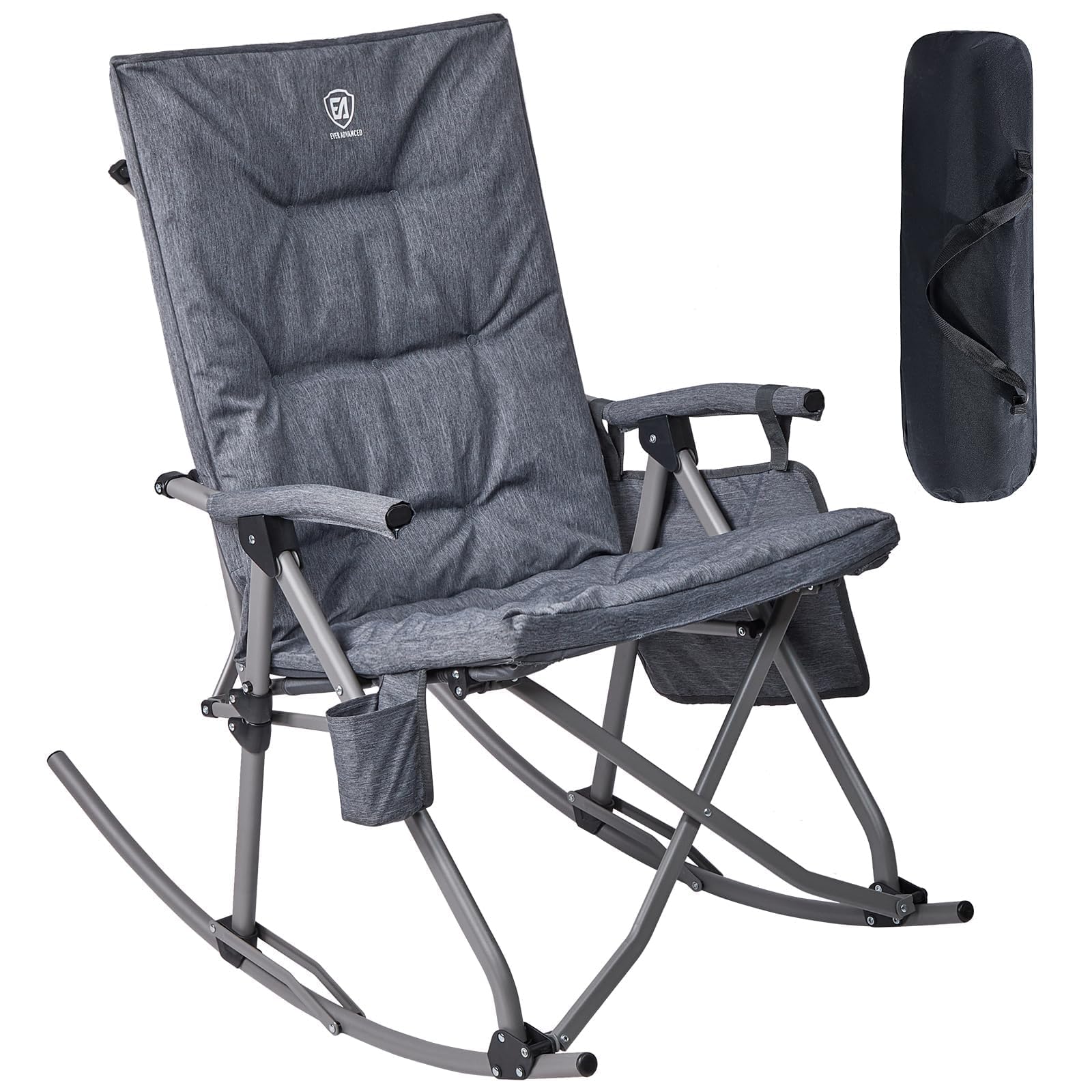 EVER ADVANCED Oversized Folding Rocking Camping Chair, Padded Portable Rocker Chair for Patio, Lawn and Outdoors, Heavy Duty Hard Armchair for Adults Supports 400lbs, Grey