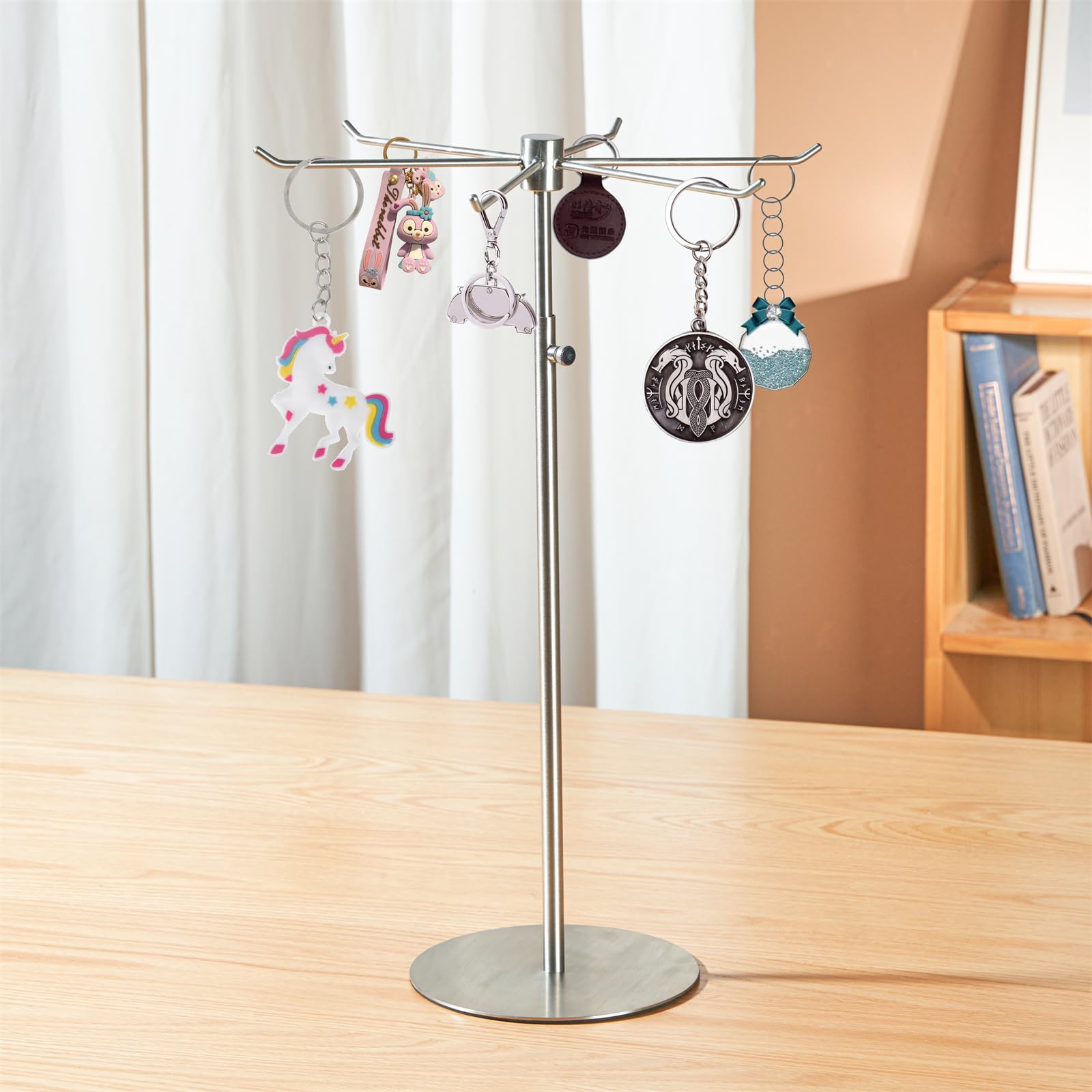 bjewego Rotating Keychain Display Stand - Height-adjustable Brushed Silver Metal Jewelry Organizer - Long Necklace Display Stand with 6 Hook - Scratch-resistant Display Racks for Craft Shows