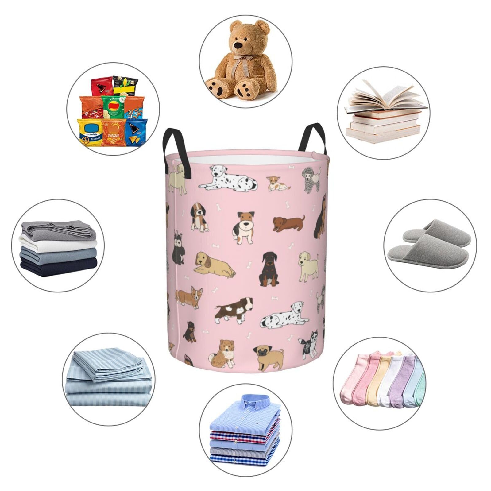 Gbuzozie Cute Dogs Animals Round Laundry Hamper Cartoon Dog Pets Storage Basket Toys Clothes Organizer Bin For Home Bathroom Bedroom Dorm Nursery, 38l