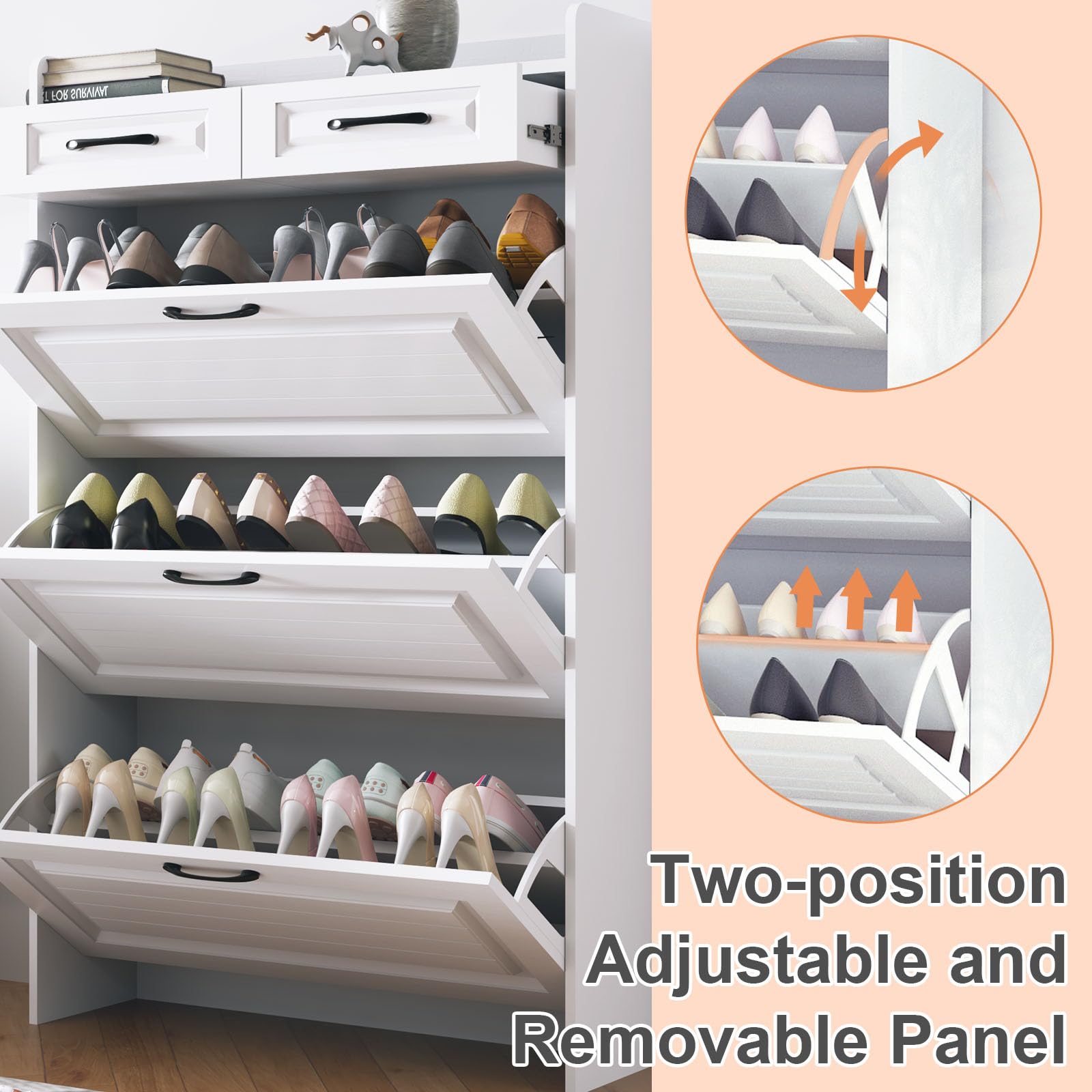 ODUWA Shoe Storage Cabinet with 3 Flip Drawers and 2 Storage Drawers,Easy to Store 18-25 Pairs of Shoes,White Wood Shoe Storage Cabinet for Entryway,Hallway,PVC Door with Shape