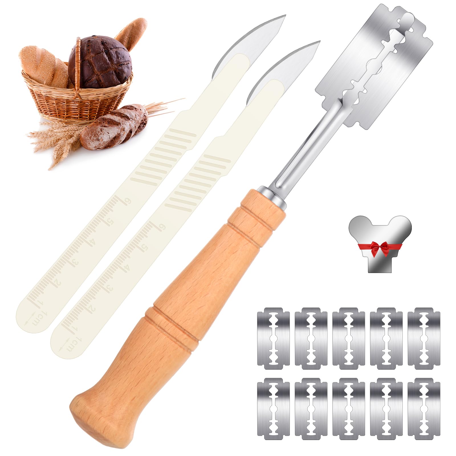 Mudder Bread Lame Tool Bread Scoring Knife Sourdough Scoring Bread Tool with 10 Blades Leather Protective Cover Lame Slashing Tool and 2 Pcs Dough Scoring Knife with Cover for Bread Baking