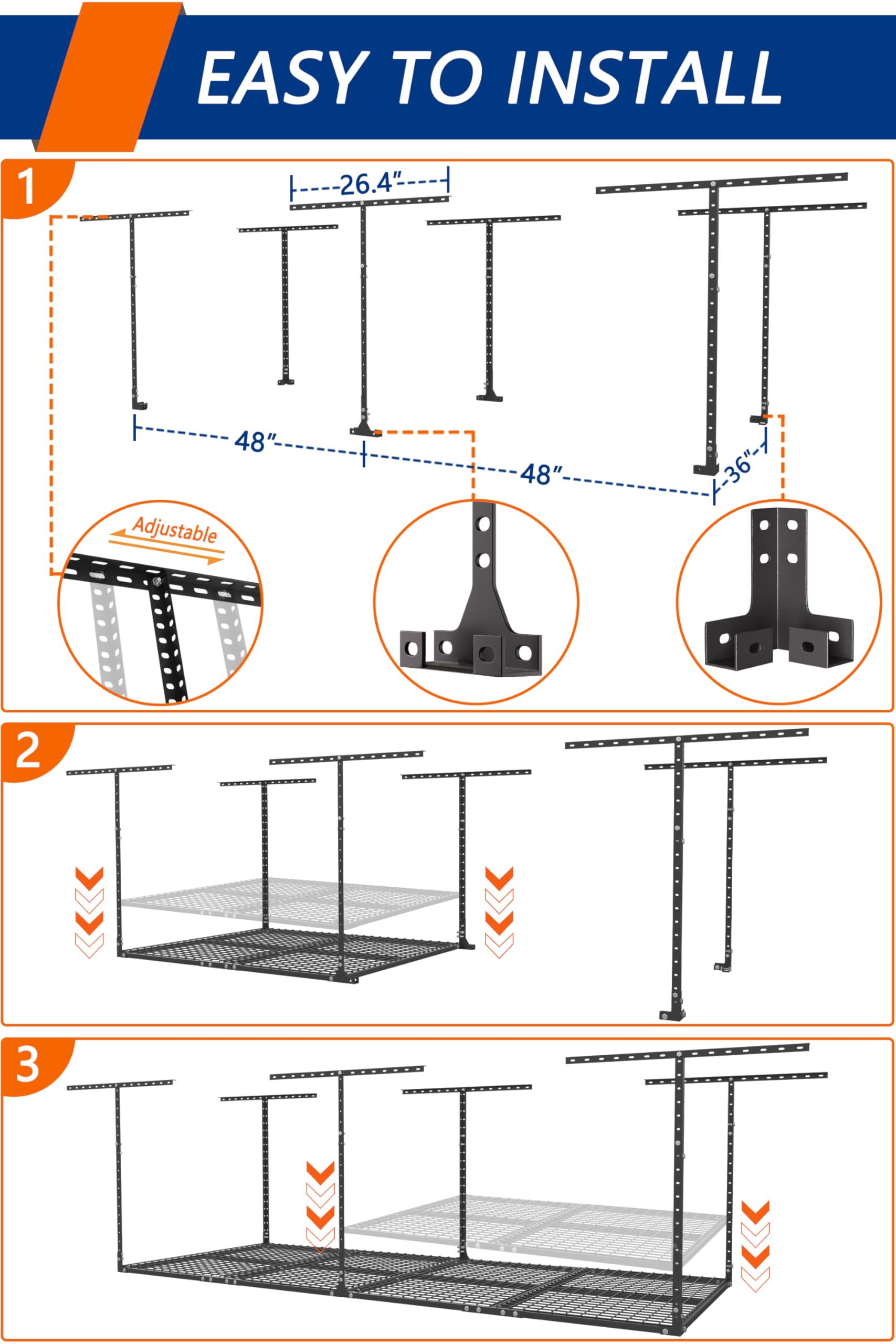 3 x 8FT Overhead Garage Storage Rack, Adjustable Ceiling Storage Racks, Garage Shelving Heavy Duty Storage Organizer System, 600lbs Weight Capacity (Black)