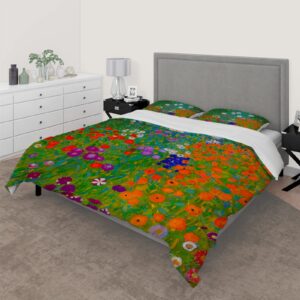 RIVINE Country Style Duvet Cover Set 3 Pieces Gustav Klimt Flower Garden Colorful Plant Microfiber for Bedding Set with 2 Pillow Shams Queen