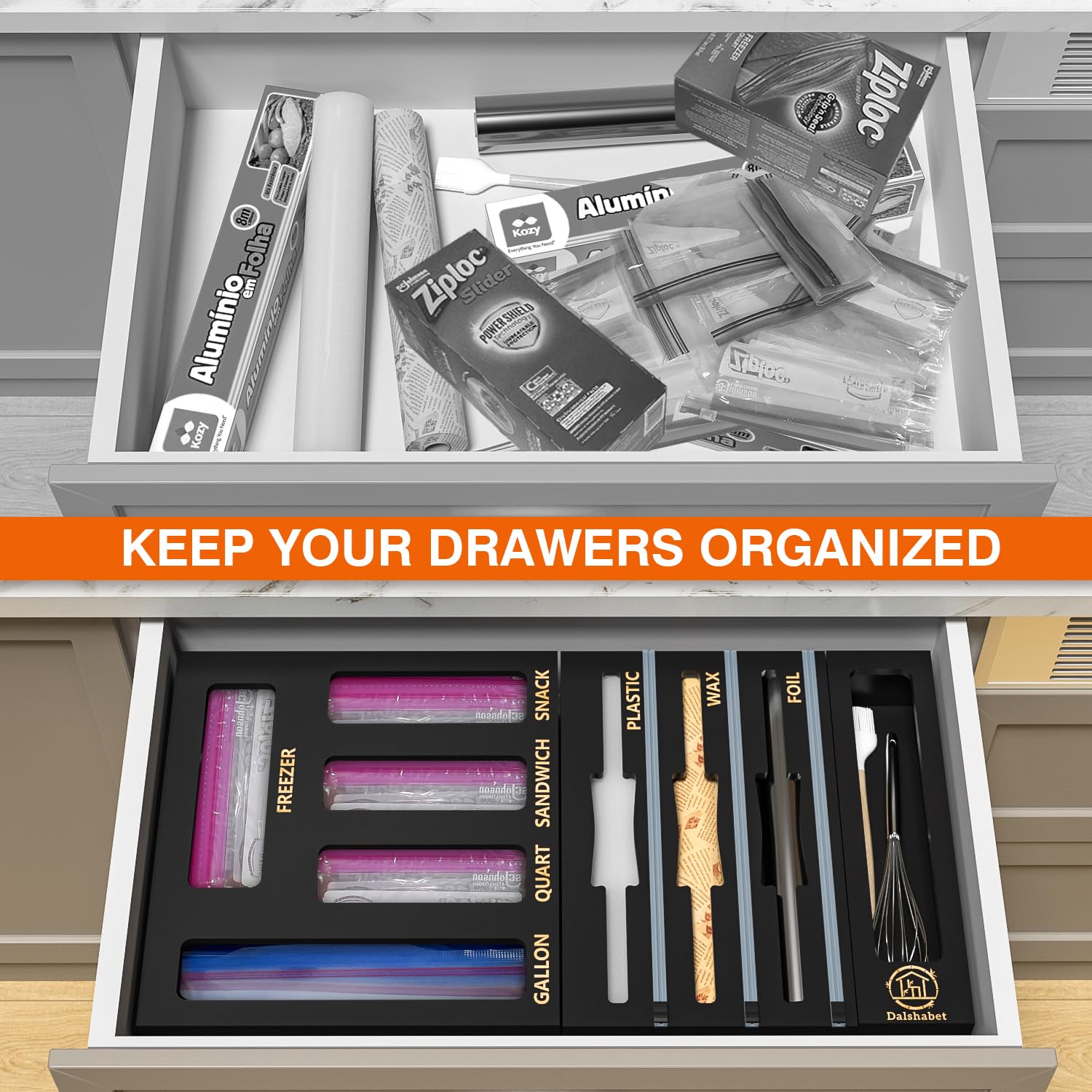 DALSHABET 9 IN1 Bamboo Storage Bag Drawer Organizer with Cutter, Foil and Plastic Wrap Dispenser for Kitchen Storage Compatible with All Brands Gallon, Quart, Sandwich & Snack Size Bags - Black