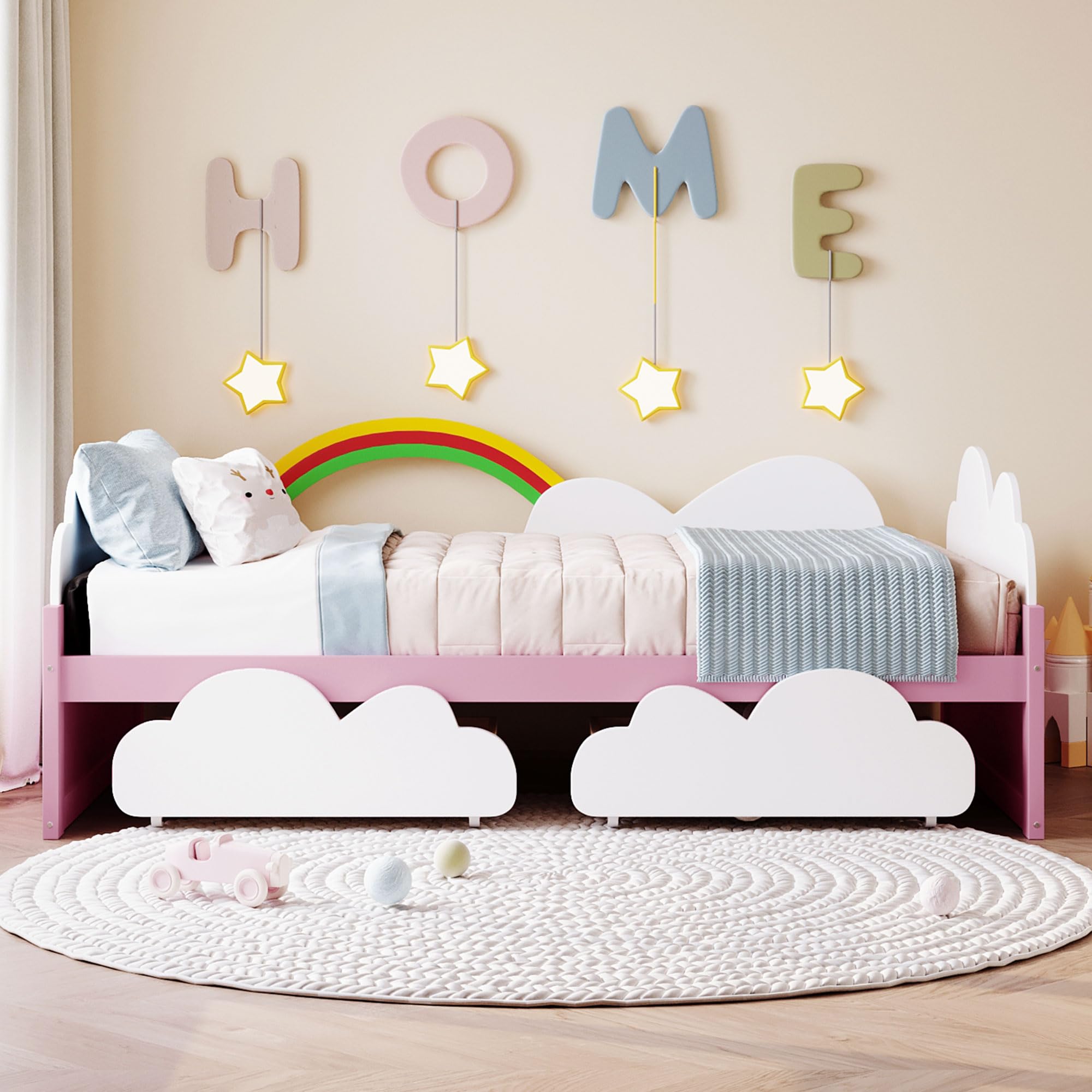 Harper & Bright Designs Twin Size Daybed with 2 Storage Drawers, Wood Kids Twin Bed Frame with Clouds and Rainbow Decor, Twin Storage Bed Frame for Kids Girls Boys, No Spring Box Required, White+Pink