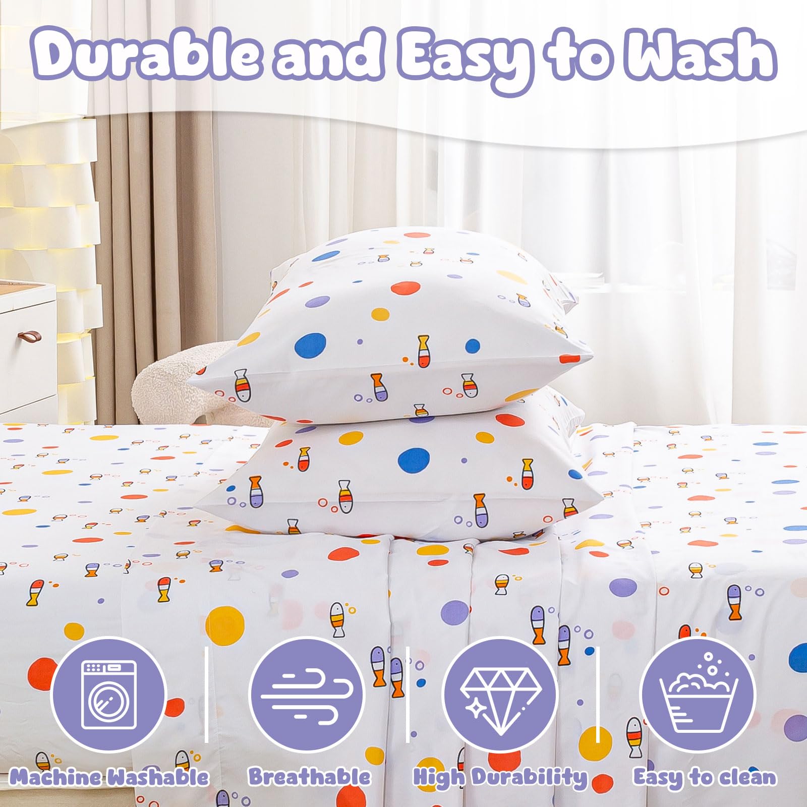 LONAVA Twin Size Printed Kids Sheet Set - 3 Piece Wrinkle-Free Luxurious Soft Microfiber Sheet, Oeko-TEX Certified, Deep Pocket, Breathable & Elastic, Dotty Fish