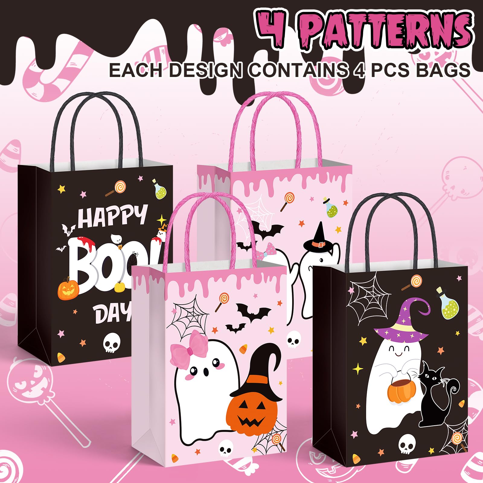 AnyDesign 24Pcs Halloween Paper Gift Bags with Handles 4 Design Halloween Boo Theme Bags Ghost Pumpkin Black Pink Candy Bags Goodie Present Bags for Gift Wrapping Halloween Birthday Party Favor