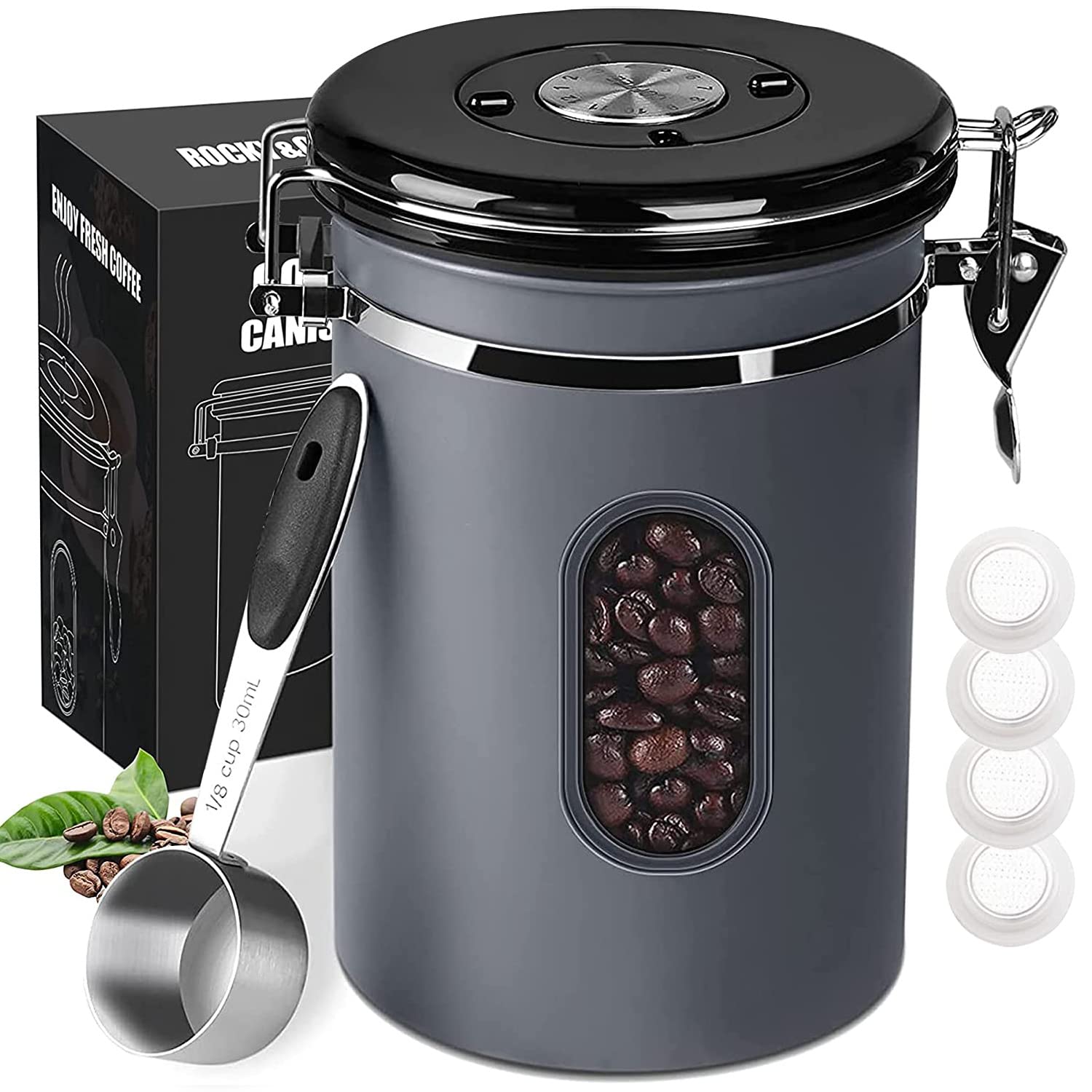 1800ML Airtight Coffee Canister with Date Tracker&Transparent Window, 22.8OZ Coffee Container with 30ML Measure Spoon&4 co2 Valve, Coffee Bean Storage Container for Grounds Coffee, Beans, Tea(Gray)