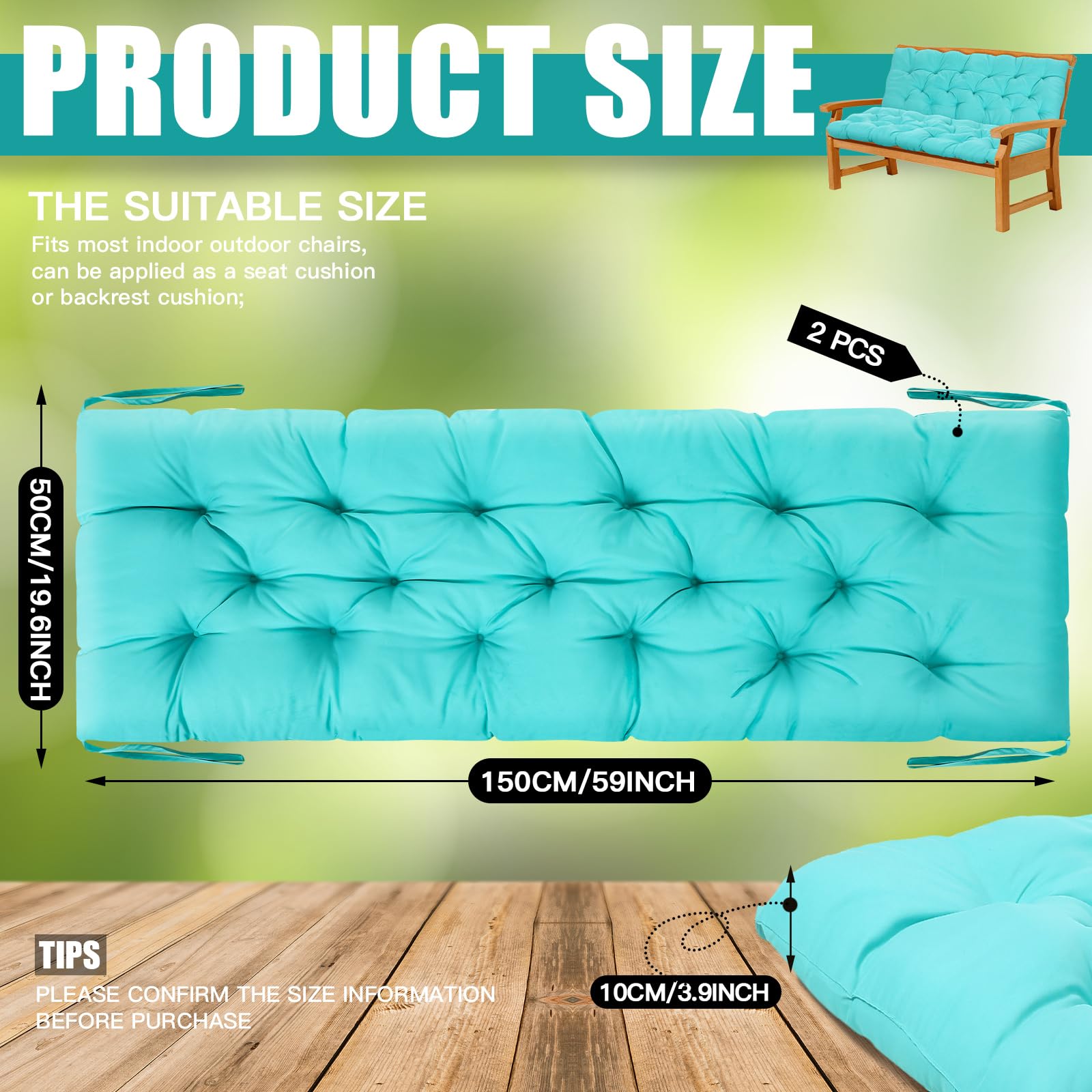 Barydat 2 Pcs 59 x 19.6 Inch Waterproof Bench Cushions for Outdoor Furniture Thicken Patio Swing Cushions 2/3 Seater Couch Cushion Backrest Replacement with Ties for Garden Porch Lounger, Turquoise