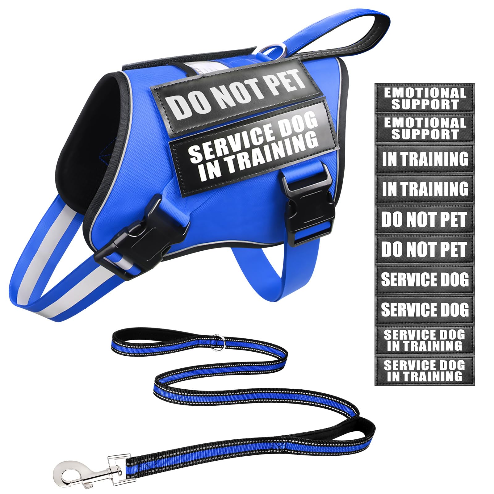 MOOGROU Service Dog Vest Harness and Leash Set+10 Patches,No Pull&Easy Walk Reflective Dog Harness with Soft Padded Handle for Training/Everyday,Fit Small/Medium/Large/Extra-Large Dogs (Blue M)