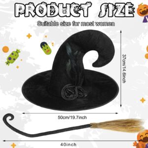 Hercicy 2 Pack Halloween Witch Broom Hat Set Witch Cosplay Black Witch Hat with Flower Feather and Broom Costume Witch Costume Accessories Witch Hat Broom Props for Halloween Costume Party Supplies