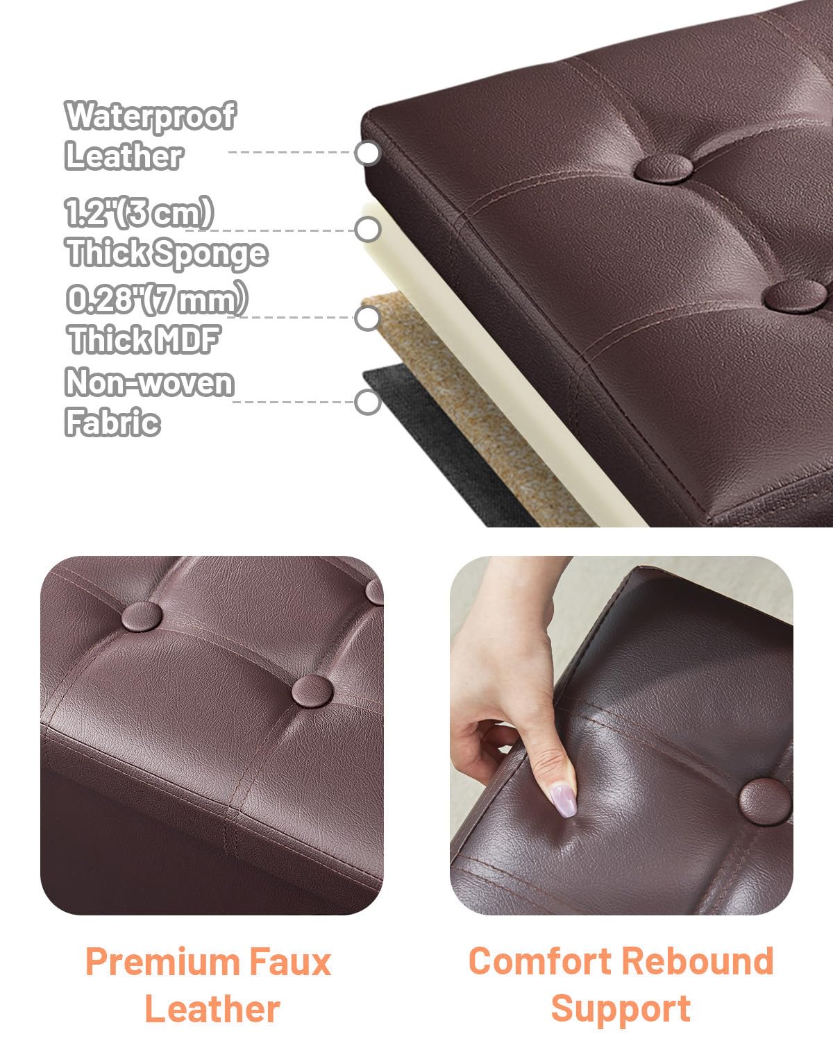 FujDun 2PC Folding Storage Ottoman with Side Pocket,16 inch Leather Ottoman Seat for Living Room Bedroom,Foot Rest Footstool,16X12X12in Brown (2PC)