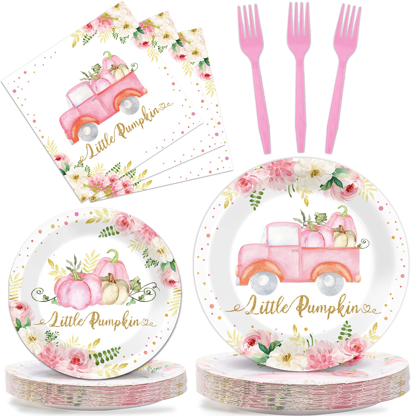 Thankgiving Pink Little Pumpkin Paper Plates Napkins Pink Pumpkin Baby Shower Birthday decorations Girl Tableware A Little Pumpkin is On Her Way Disposable Plates Party Supplies 24 Guest