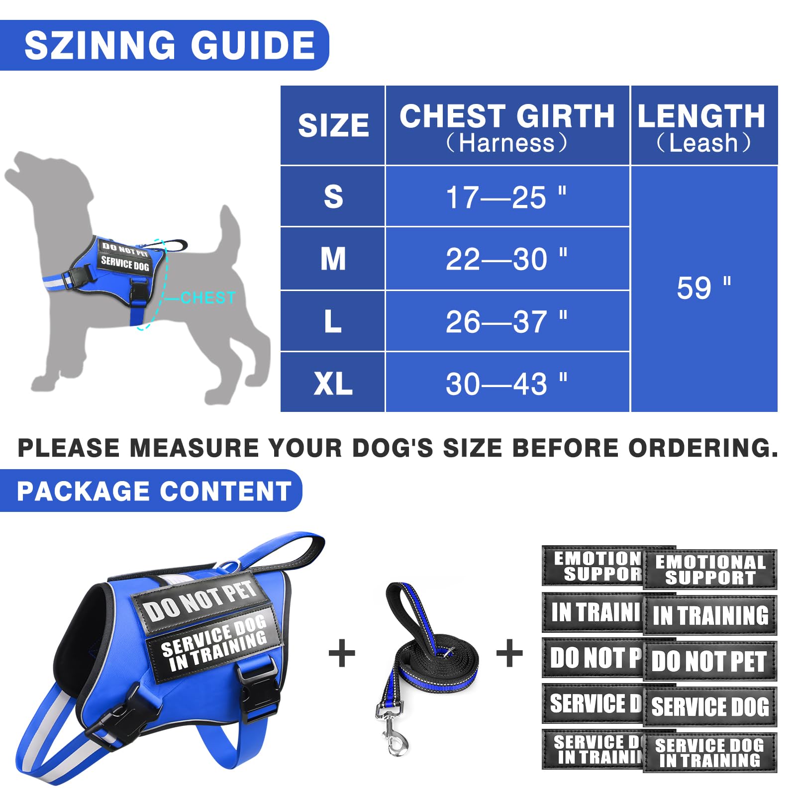 MOOGROU Service Dog Vest Harness and Leash Set+10 Patches,No Pull&Easy Walk Reflective Dog Harness with Soft Padded Handle for Training/Everyday,Fit Small/Medium/Large/Extra-Large Dogs (Blue M)