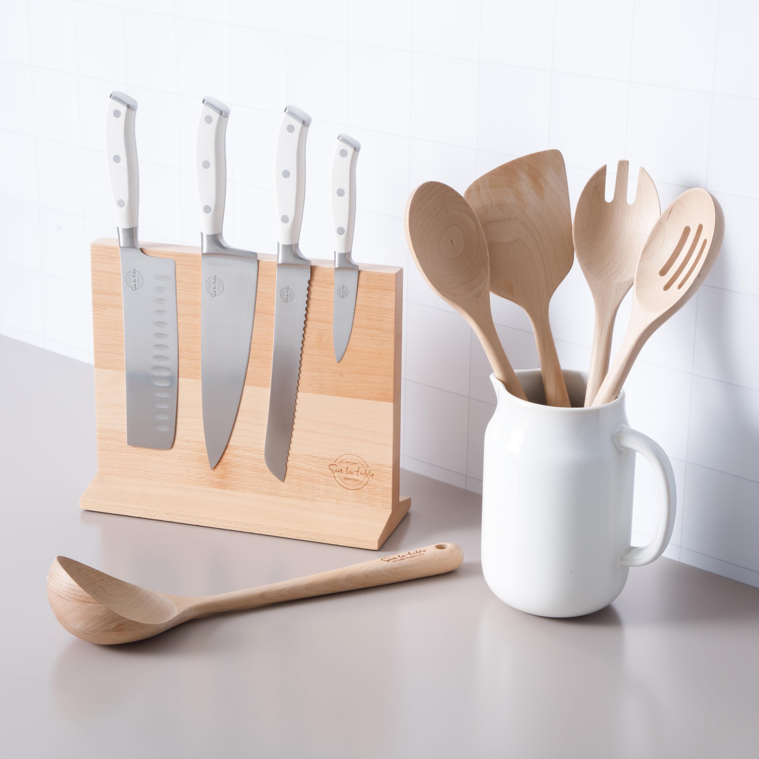 Sur La Table Kitchen Essentials 5 Piece German Steel Blade w/Triple Riveted Handle Set on Beechwood Magnetic Block - Linen White