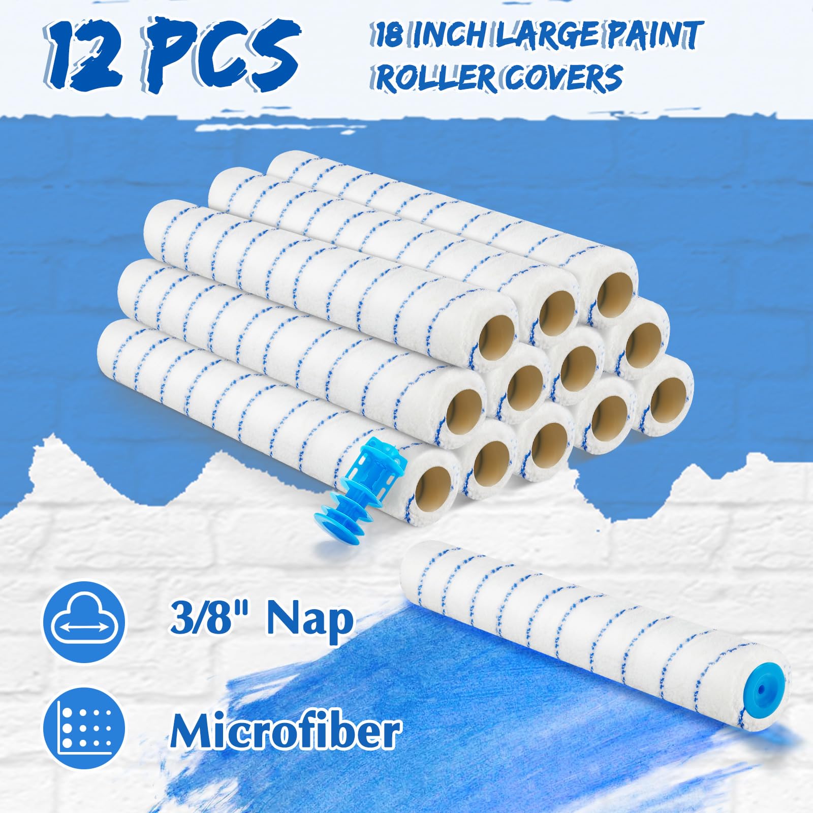 Jinei 12 Pcs 18 Inch Paint Roller Covers 3/8" Nap Roller Covers Large Paint Roller Sleeves Microfiber Wide Paint Rollers for Wall, Ceiling, Painters, Painting Surfaces, Blue, White