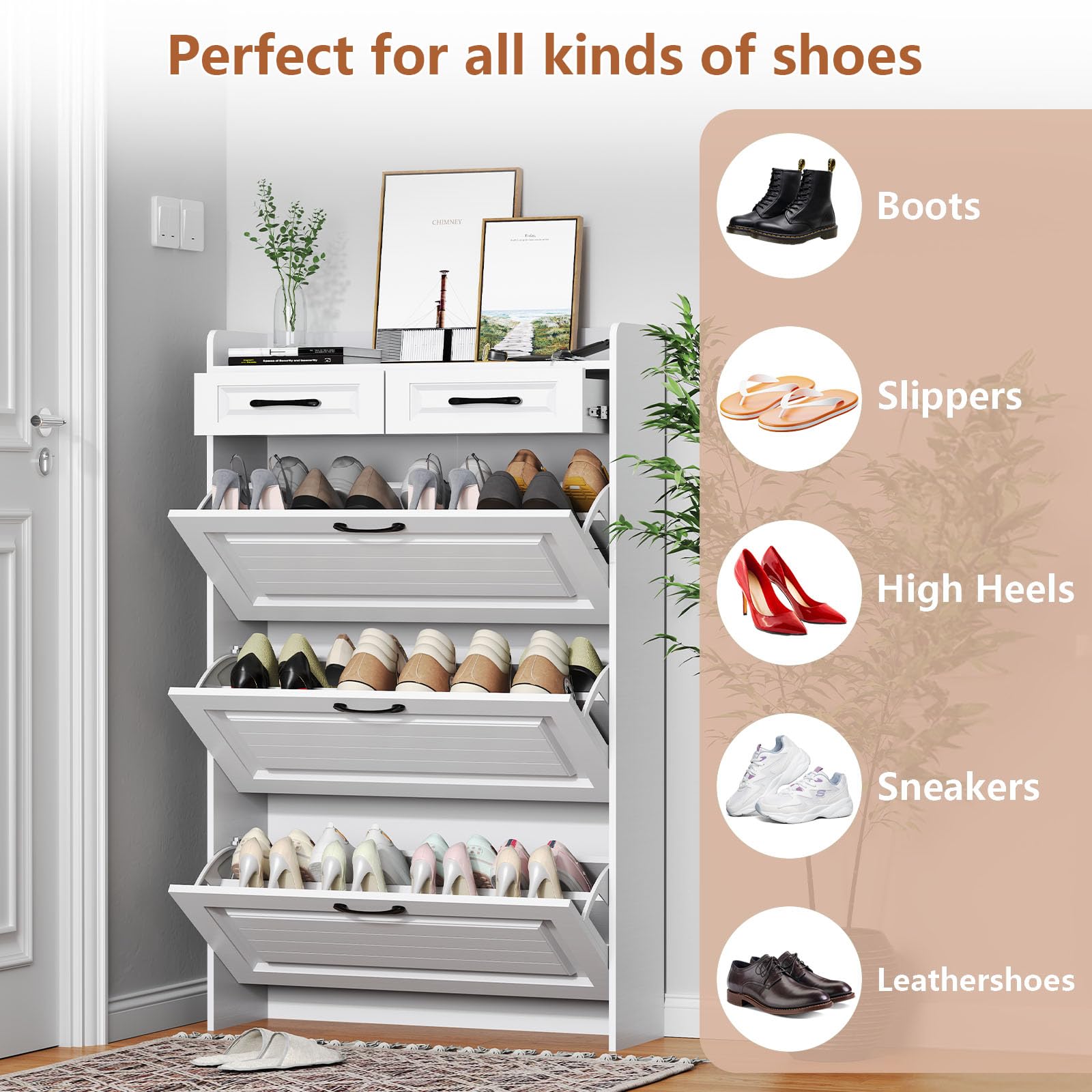 ODUWA Shoe Storage Cabinet with 3 Flip Drawers and 2 Storage Drawers,Easy to Store 18-25 Pairs of Shoes,White Wood Shoe Storage Cabinet for Entryway,Hallway,PVC Door with Shape