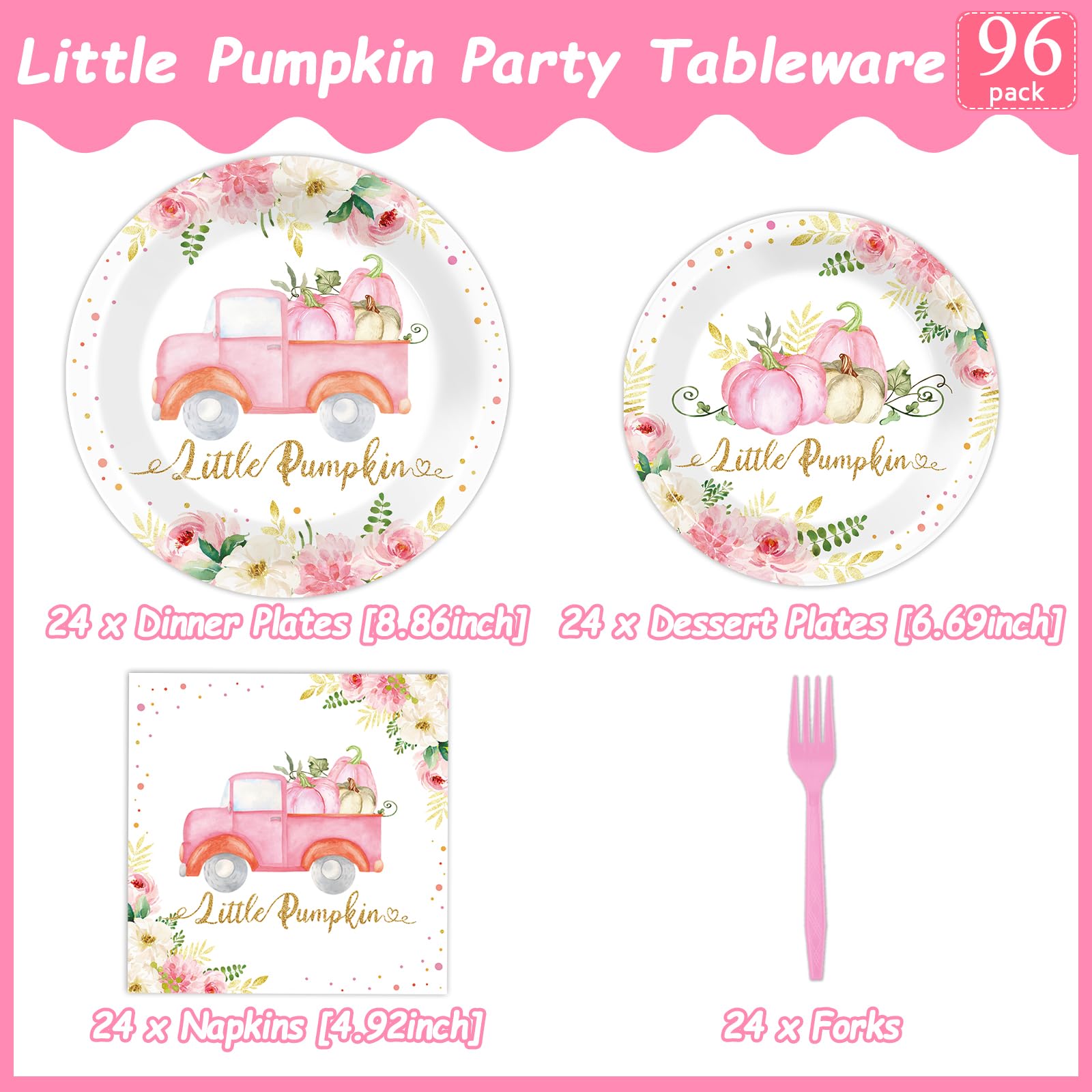 Thankgiving Pink Little Pumpkin Paper Plates Napkins Pink Pumpkin Baby Shower Birthday decorations Girl Tableware A Little Pumpkin is On Her Way Disposable Plates Party Supplies 24 Guest