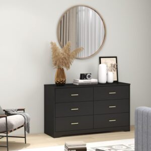 Modern 6 Drawer Wood Dresser, Wood Lateral Chest of Drawers Storage Organizer with Wide Drawers & Metal Gold Handles for Bedroom, Living Room, Hallway, Entryway