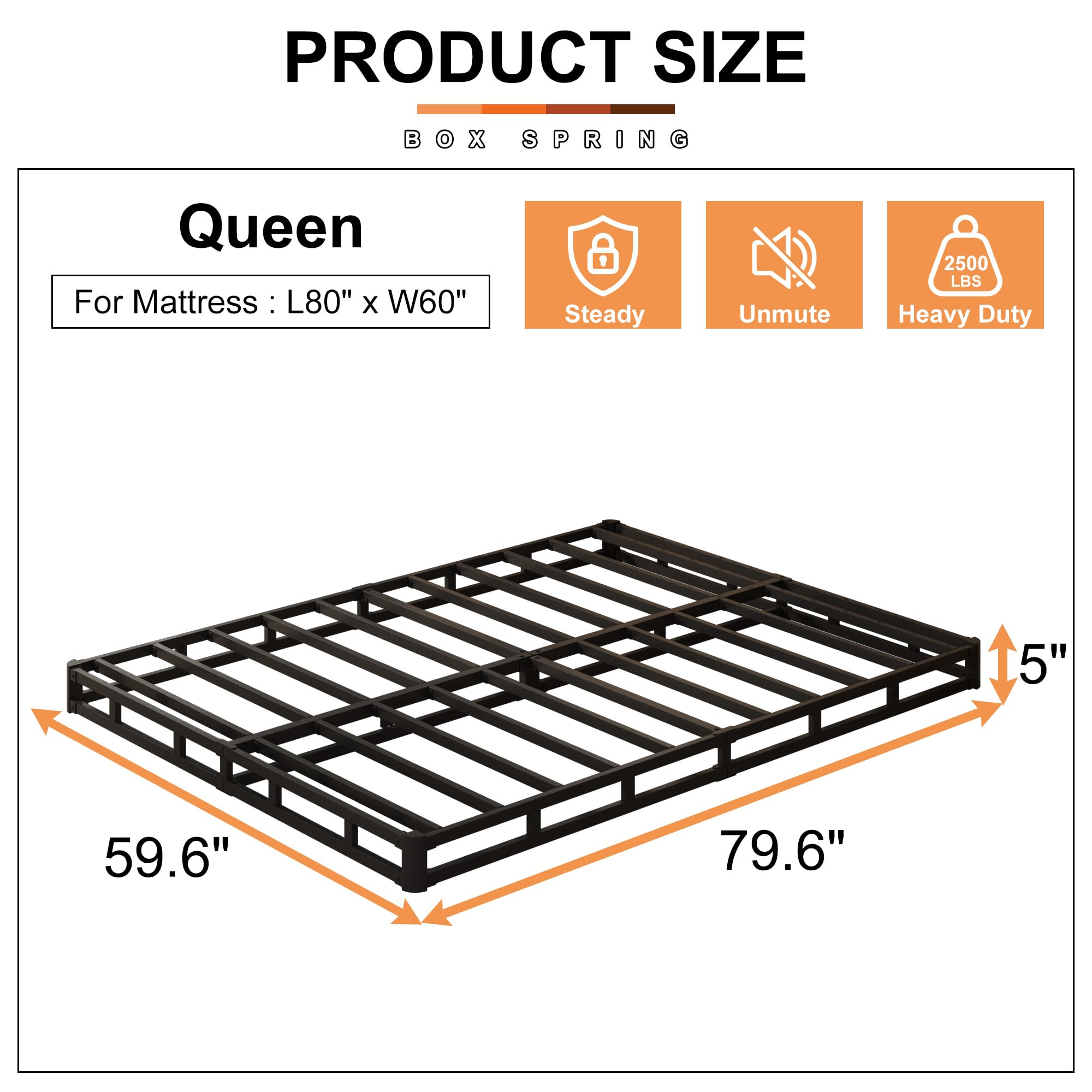 EMODA 5 Inch Box Spring Queen Size Bed Base, 3000 lbs Heavy Duty Metal Mattress Foundation with Fabric Cover, Easy Assembly