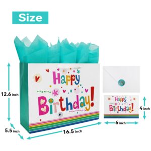 Qirrmiy 16.5” Extra Large Gift Bag Set with Greeting Card and Green Tissue Paper(Cute ‘Happy Birthday’) for Baby Shower,Kids Birthday Party,Men and Women, Newborn,New Moms or Parents, and More