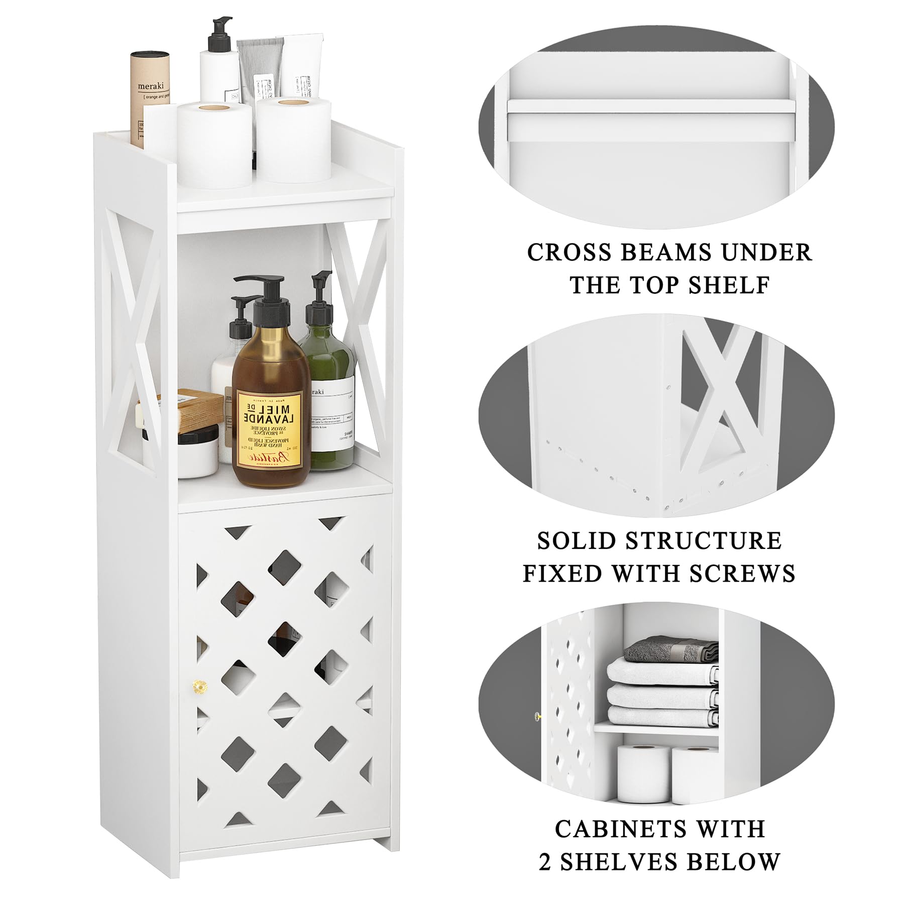 BYFU Bathroom Storage Cabinet, White Bathroom Floor Cabinet Freestanding Organizer with Door and Open Shelf for Kitchen Living Room Narrow Space