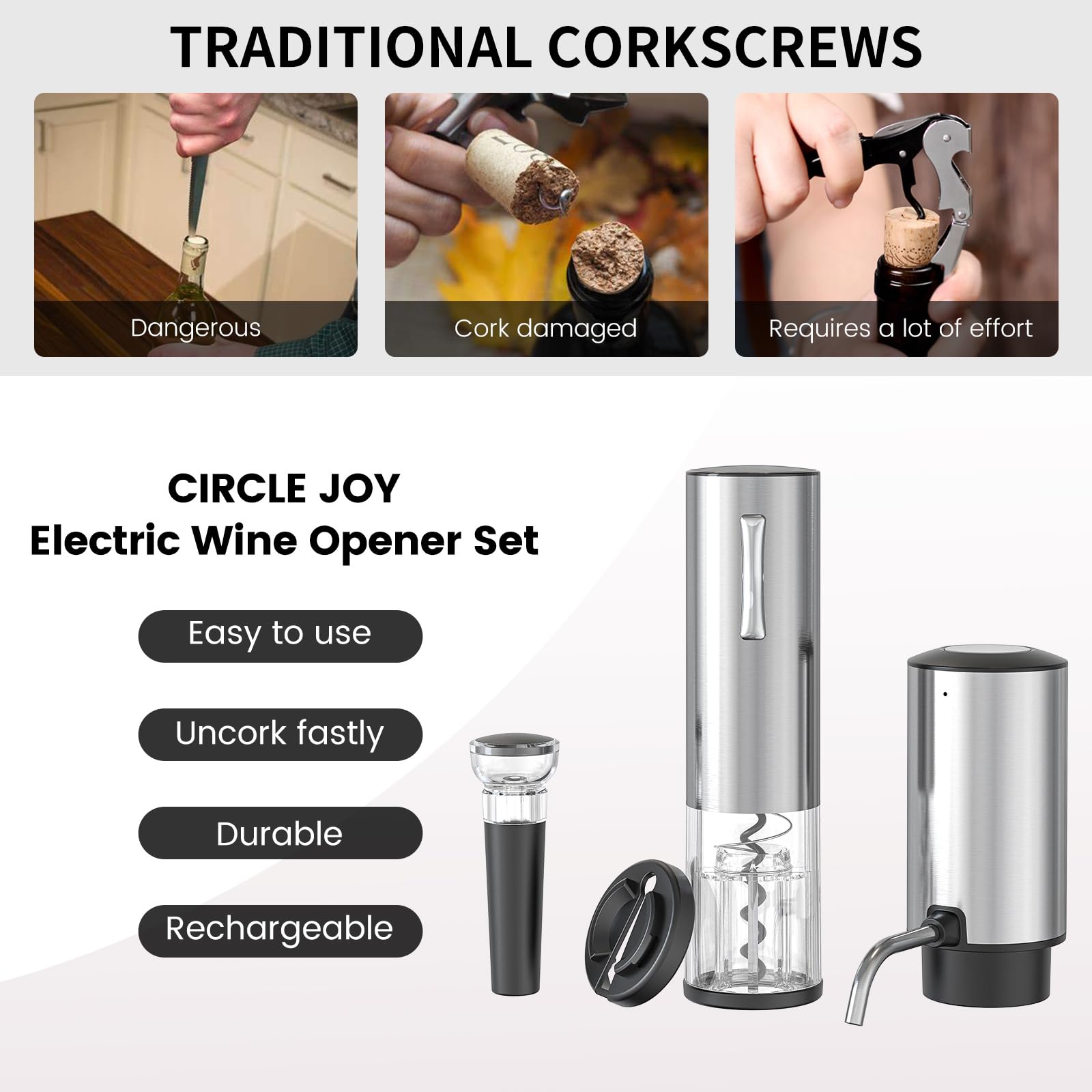 CIRCLE JOY Electric Wine Opener Set 4-in-1 Wine Set with Rechargeable Wine Opener, Rechargeable Wine Aerator Pourer, Foil Cutter and Vacuum Wine Stopper, Gift Set for Wine Lovers, Silver