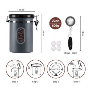 1800ML Airtight Coffee Canister with Date Tracker&Transparent Window, 22.8OZ Coffee Container with 30ML Measure Spoon&4 co2 Valve, Coffee Bean Storage Container for Grounds Coffee, Beans, Tea(Gray)