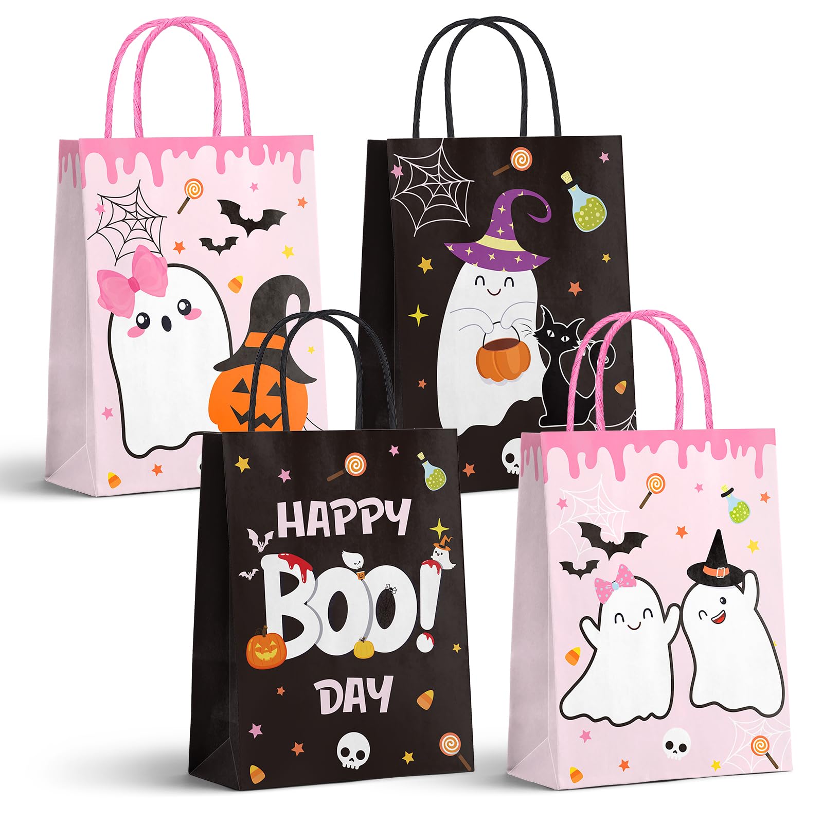 AnyDesign 24Pcs Halloween Paper Gift Bags with Handles 4 Design Halloween Boo Theme Bags Ghost Pumpkin Black Pink Candy Bags Goodie Present Bags for Gift Wrapping Halloween Birthday Party Favor