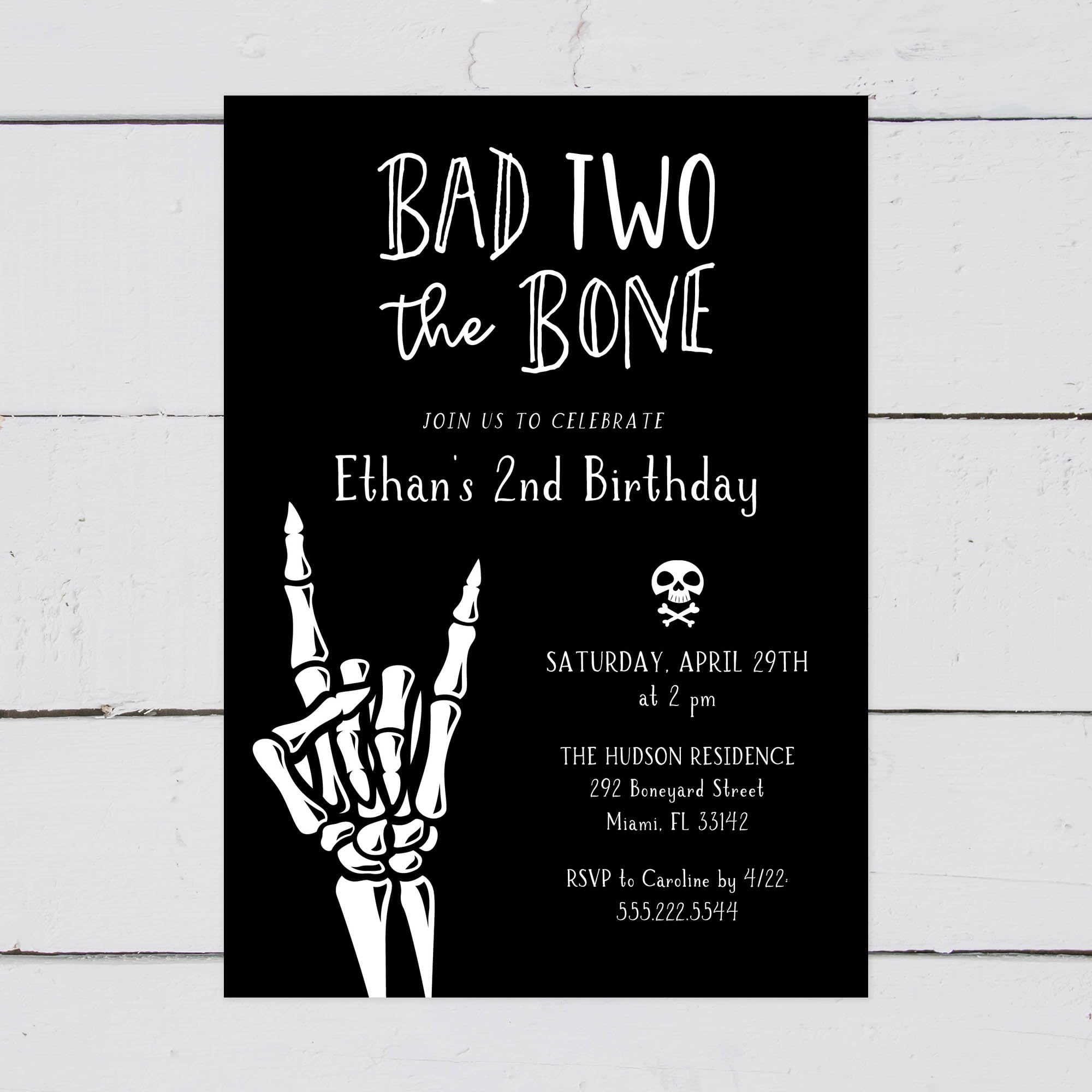 Hello Love Goods Bad Two The Bone Birthday Party Invitations for 2nd Birthday Party, 4.25x5.5 or 5x7 Personalized Invites with Envelopes