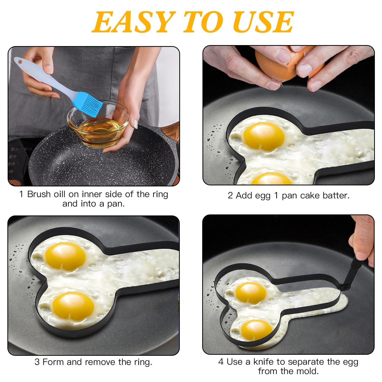 2-Pack Egg Fryer, Egg Fryer for Frying Eggs, Funny Cooking Gadgets Egg Pancake Cooking Tool with Foldable Handle, Professional Non-Stick Egg Ring with 1 Silicone Basting Brush