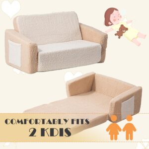 SUFUS Baby Toddler Sofa Couch for Kids Extra Wide 2-in-1 Toddler Sherpa Fold Out Couch Bed for Playroom, Pull Out Children Convertible Sofa to Lounger for Boys & Girls with Double Pockets, Khaki-Cream