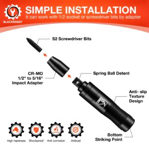 BLACKROBOT 1/2 Inch Drive Impact Screwdriver Set, CR-V, Hand Manual Reversible Impact Driver Set Extractor, 5/16 Inch Bit Adapter with S2 Steel Bits, 10PCS, Disengage Rusted Fasteners or Frozen Bolts