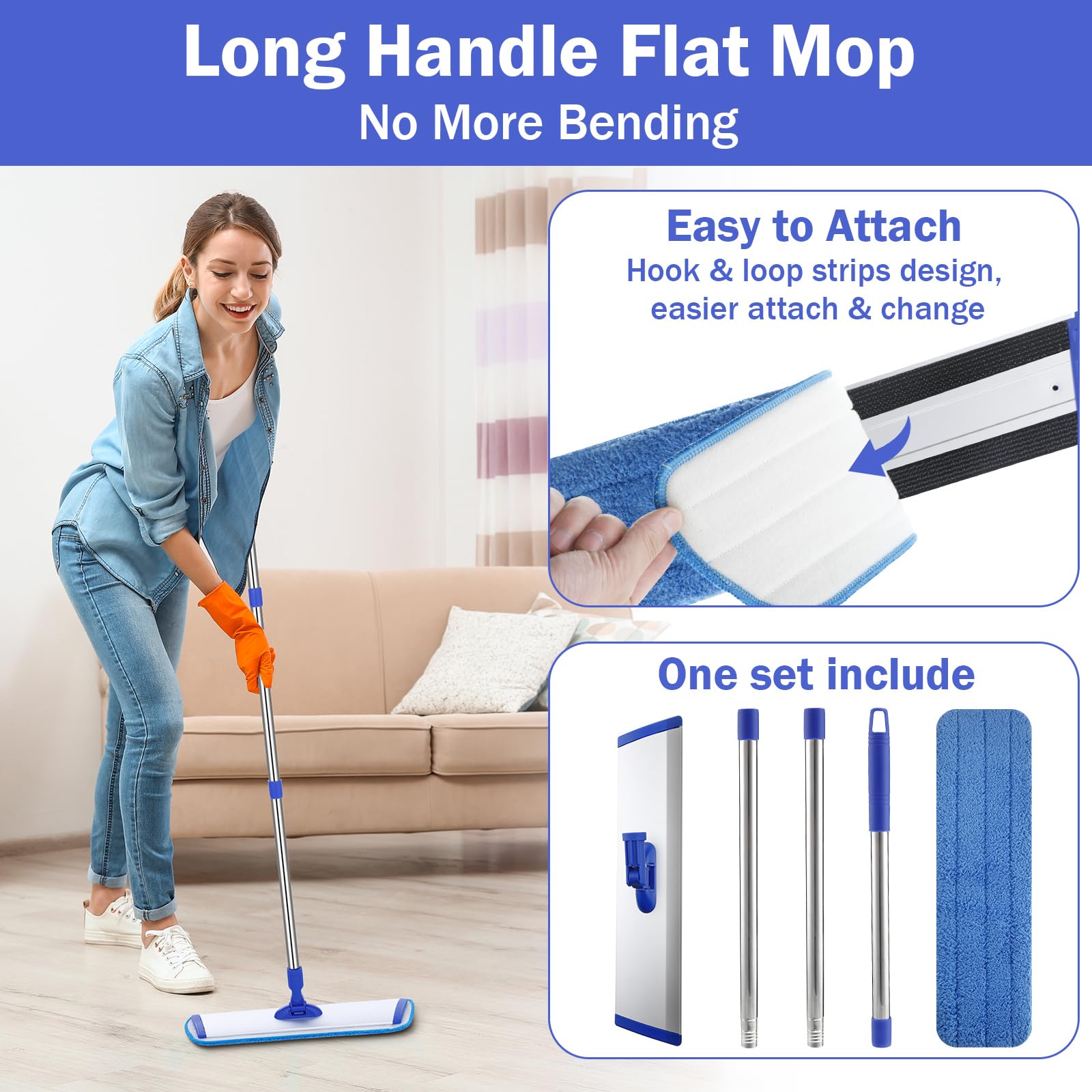 Uiifan 2 Set 18" Microfiber Mop Floor Cleaning System, Flat Mop for Hardwood Floors Commercial Mop Bulk Wet and Dust Mop with Extendable Handle, Reusable Mop Pads, Household Cleaning Tools