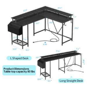 Eivanet 53inch L Shaped Desk,L Shaped Gaming Desk with Power Outlets & LED Lights, Computer Desk with Monitor Stand & Storage Bag, Home Office Desk Corner Desk with Hooks, Easy to Assemble, Black