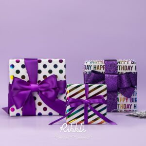 Ribbli Birthday Wrapping Paper Iridescent Gift Wrapping Paper Mini Roll, 3 Rolls Happy Birthday Polka Dots Stripes Printed Assortment - 17 inch x 120 inch(10feet) Per Roll