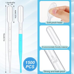 Kanayu 1500 Pieces 3ML Plastic Transfer Pipettes Plastic Eye Droppers Laboratory Pipettes Dropper Disposable Pipettes Calibrated Dropper for Liquid Essential Oil Laboratory Science Experiment DIY Art