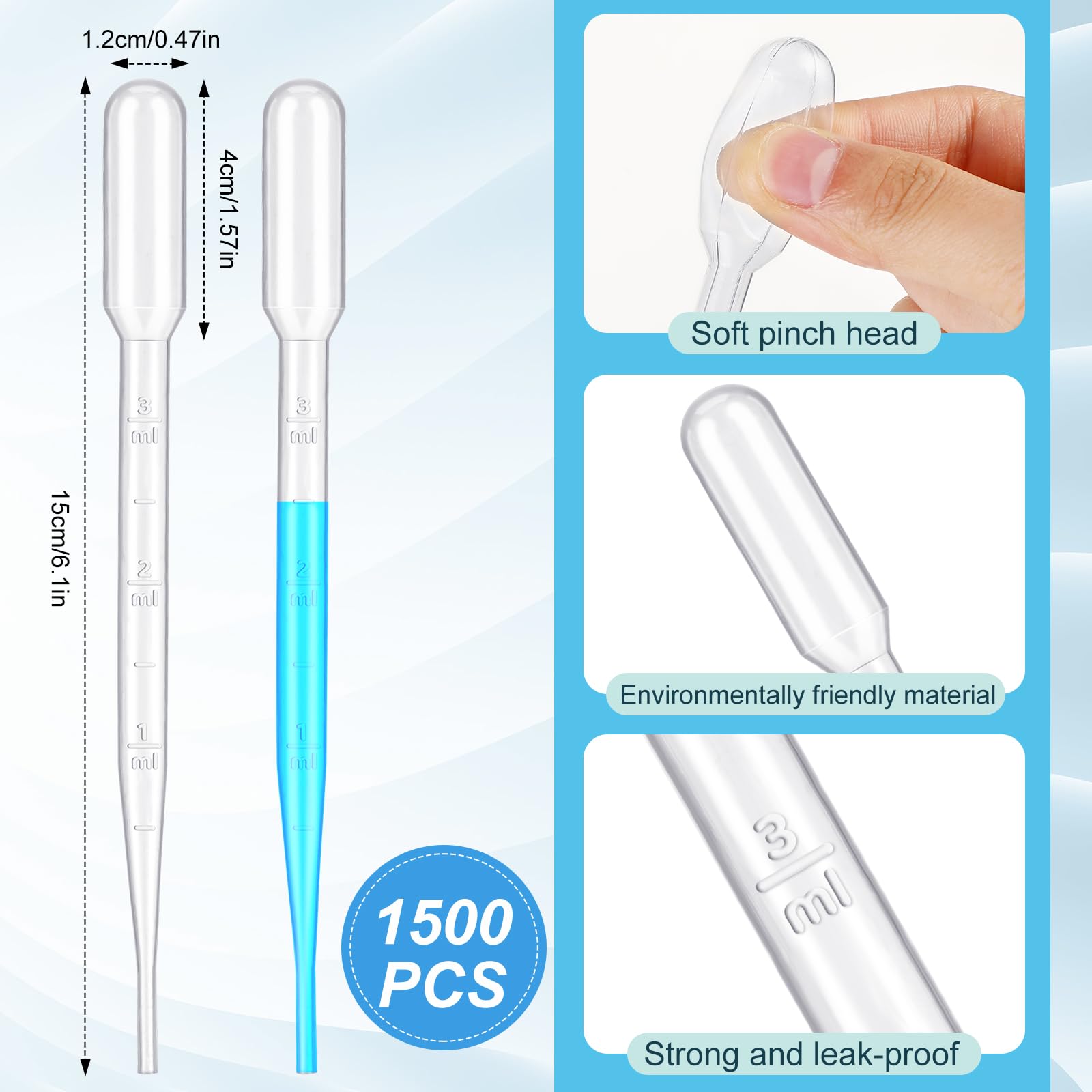 Kanayu 1500 Pieces 3ML Plastic Transfer Pipettes Plastic Eye Droppers Laboratory Pipettes Dropper Disposable Pipettes Calibrated Dropper for Liquid Essential Oil Laboratory Science Experiment DIY Art