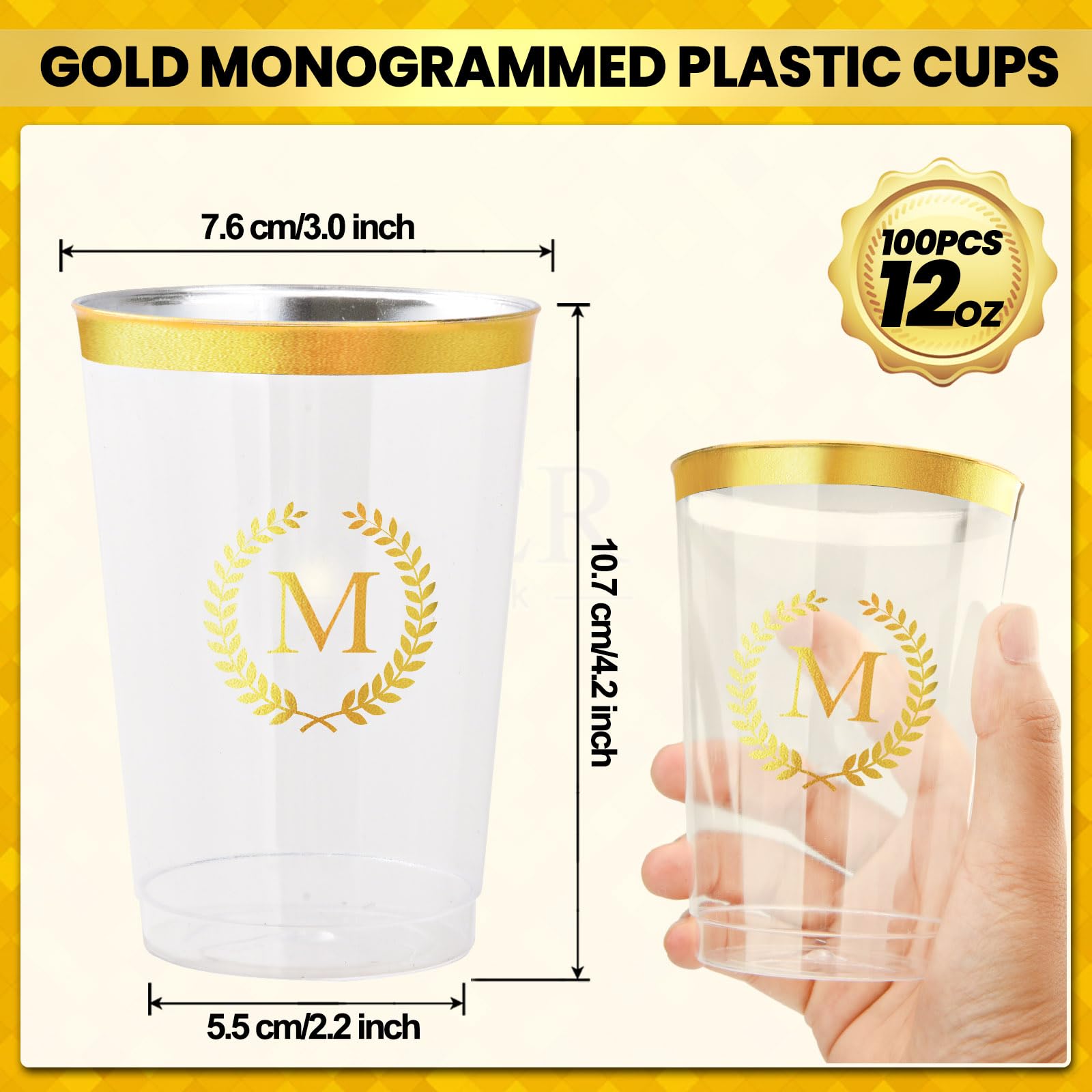 Datyiiha 100 Pieces Monogrammed Plastic Cups Gold Foil Letter M Disposable Cups 12 oz Clear Initial Party Cups for Wedding Birthday Baby Shower Personalized Party Drinkware