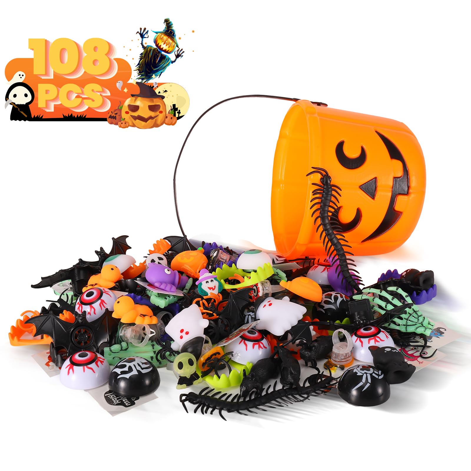 SCIONE 108Pcs Halloween Gooide Bag Stuffers for Kids,Halloween Trick or Treat Toys,Non Candy Halloween Treat Bag Fillers,Halloween Party Favors Toys Bulk for Kids 4-8 8-12,Halloween Pumpkin with Toys