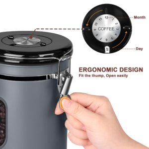 1800ML Airtight Coffee Canister with Date Tracker&Transparent Window, 22.8OZ Coffee Container with 30ML Measure Spoon&4 co2 Valve, Coffee Bean Storage Container for Grounds Coffee, Beans, Tea(Gray)