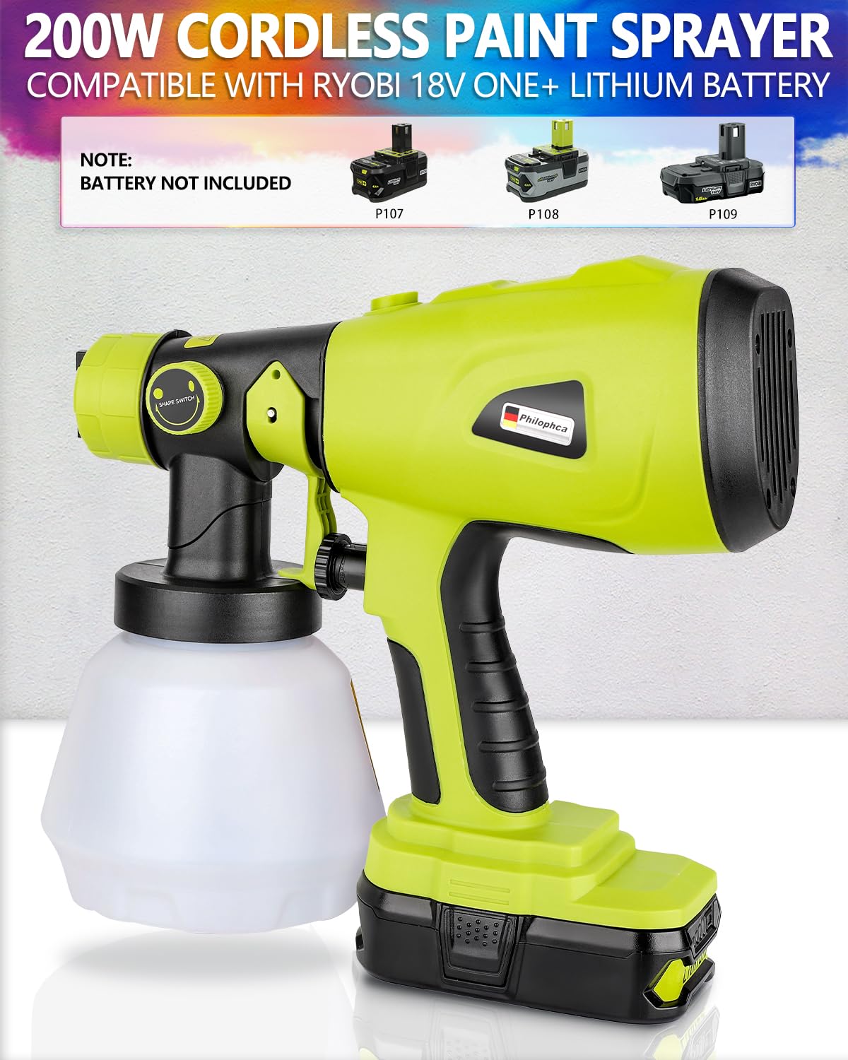 Paint Sprayer for Ryobi Paint Sprayer Compatible with Ryobi 18V ONE+ Lithium Battery, 200W High Power HVLP Spray Paint Gun 4 Copper Nozzles, 3 Patterns for Fence, Ceiling (Tool only)